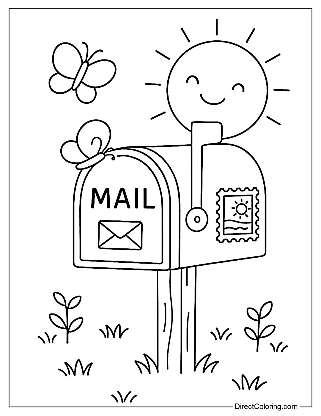 Coloring page of a mailbox with a summer stamp, a smiling sun behind it and a butterfly perched on it.